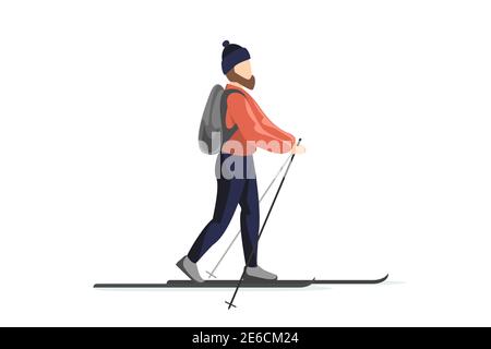 Skifahrer in Winterkleidung und Hut mit Rucksack ist Skifahren. Mann trainiert Spaziergang auf Skiern. Urlaub Erholung Ski Sport Aktivität Vektor isolierte Illustration Stock Vektor