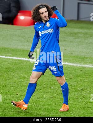 Bilbao, Spanien. Januar 2021, 25. Marc Cucurella von Getafe CF feiert nach dem Tor im La Liga Spiel zwischen Athletic Club Bilbao und G Stockfoto