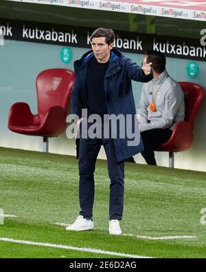 Bilbao, Spanien. Januar 2021, 25. Cheftrainer Marcelino Garcia Toral vom Athletic Club reagiert während des La Liga-Spiels zwischen Athletic Club Bilbao und G Stockfoto