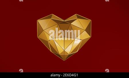 Low Poly Herz aus Gold Fliese über dunkelroten Hintergrund. 3d-Illustration, 3d-Rendering. Stockfoto