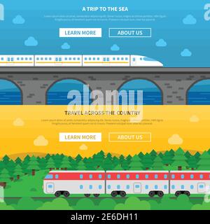 Eisenbahn horizontales Banner Set mit Zügen mit Natur Hintergrund isoliert vektorgrafik Stock Vektor