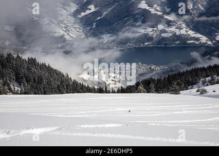 Makroaufnahme von Schnee und Eis auf einem Stück altem Holz oder Holz. Stockfoto