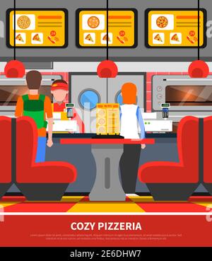 Fast-Food-Restaurant Pizzeria Innenraum mit Kunden Silhouetten flachen Vektor Abbildung Stock Vektor