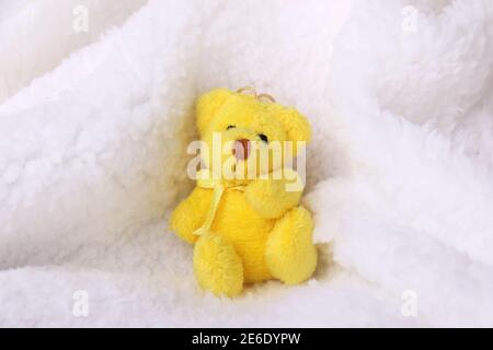 Ein winziger gelber Teddybär, der in einer weißen Pelzdecke sitzt. Stockfoto