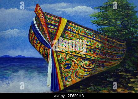 Kunst, Malerei, Acrylfarbe, Barke, Segelboot Stockfoto