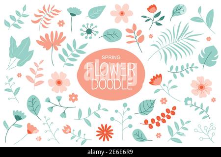 Frühlingsblumen in Pastellfarben. Kollektion mit Blumen- und Blattelementen. Stock Vektor