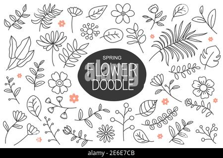 Frühling Blumen Doodle in Hand gezeichnet Stil. Kollektion mit Blumen- und Blattelementen. Stock Vektor