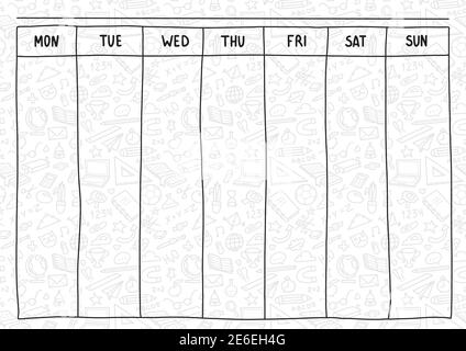 Schulwöchentplaner skizzieren schwarz-weiße Linie mit Vorräten Handgezeichnete Vektorgrafik im Doodle-Stil Stock Vektor
