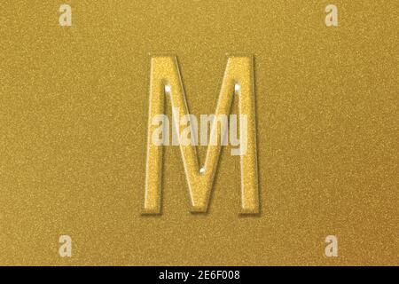 Mu-Zeichen. Mu-Buchstabe, griechisches Alphabet-Symbol, goldener Hintergrund Stockfoto