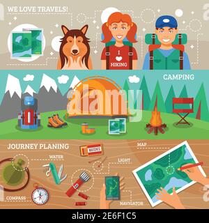 Wandern flache horizontale Banner Sammlung mit Reise Planung Wanderreisenden Und Camping Icons Vektor-Illustration Stock Vektor