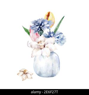 Flasche mit Blumen. Frühlingsstrauß in Vase. Florales Dessin. Handgezeichnete Aquarell isolierte Illustration Stockfoto