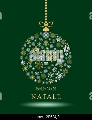 Buon Natale Weihnachtskugel Vektor mit Schneeflocken und italienische weihnachtsgrüße auf grünem Hintergrund.Buon Natale ist Frohe Weihnachten. Stock Vektor