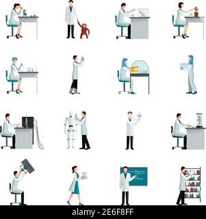 Wissenschaftler dekorative flache Farb-Icons Set mit Männern und Frauen Tun Forschung im Labor auf weißem Hintergrund isoliert Vektor-Illustration Stock Vektor