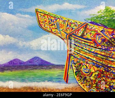 Kunst, Malerei, Acrylfarbe, Barke, Segelboot Stockfoto