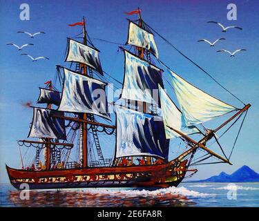 Handgemalte Original Meisterwerke Kunstmaler Ölmalerei Segelboot und Barque im Meer aus thailand, Junk Boot und Glückshandel Stockfoto