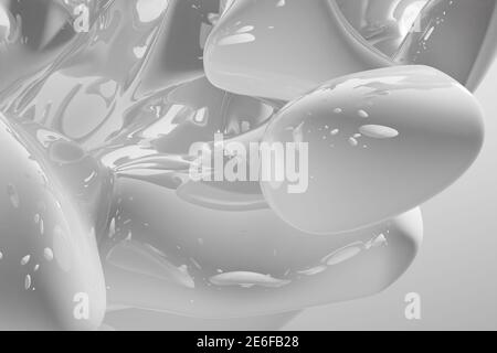 Abstrakte weiße Flüssigkeitstropfen Spritzer auf einem weißen Hintergrund - Illustration, computergenerierte 3D gerendertes Bild Stockfoto