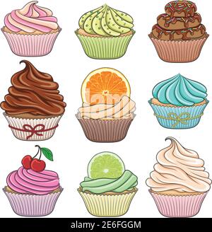 Set von farbigen Illustrationen Cupcakes. Isolierte Objekte auf weißem Hintergrund. Stock Vektor