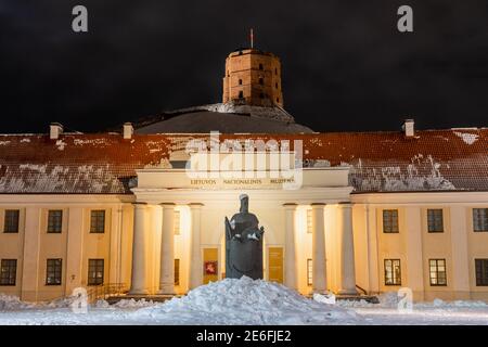 Nationalmuseum von Litauen und Gediminas Statue und Turm oder Schloss im Winter mit Schnee Stockfoto