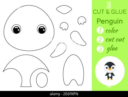 Malbuch schneiden und kleben Baby Pinguin. Pädagogische Papier Spiel für Vorschulkinder. Arbeitsblatt ausschneiden und einfügen. Farbe, Schnittteile und Kleber auf Papier. Stock Vektor