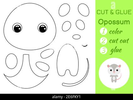 Malbuch schneiden und kleben Baby opossum. Pädagogische Papier Spiel für Vorschulkinder. Arbeitsblatt ausschneiden und einfügen. Farbe, Schnittteile und Kleber auf Papier. Stock Vektor