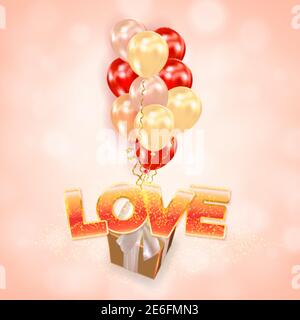 Realistische Geschenkbox mit Luftballons und Inschrift Love. Feiertagsgestaltung für Party, Geburtstag, Jubiläum, Valentinstag, Hochzeit. Vektor Stock Vektor