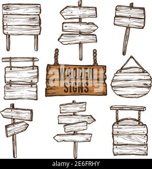 Holzschilder und Schilder an Ketten und Seilen flache Skizze Symbolsatz isolierte Vektorgrafik Stock Vektor