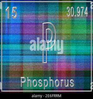 Chemisches Element Phosphor, Zeichen mit Ordnungszahl und Ordnungsgewicht, Periodensystem Stockfoto