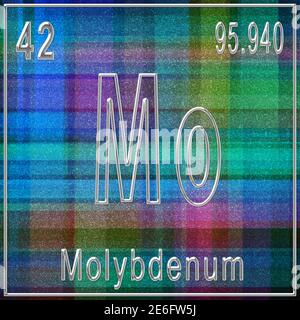 Molybdän chemisches Element, Zeichen mit Ordnungszahl und Ordnungsgewicht, Periodensystem Stockfoto
