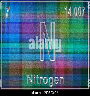 Chemisches Element Stickstoff, Zeichen mit Ordnungszahl und Ordnungsgewicht, Periodensystem Stockfoto