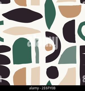 Nahtlos wiederholendes Muster mit abstrakten geometrischen Formen in hellbraun, beige, creme, grün und schwarz. Trendige und stilvolle Tapete, Textil Stock Vektor