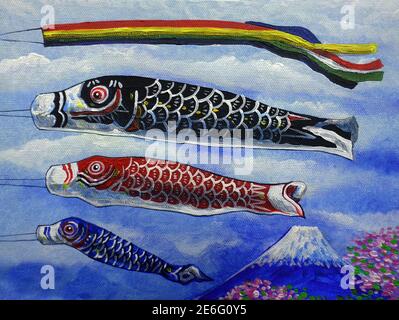 Kunst Malerei Acrylfarbe Koi-no-bori Festival , Phantasie Karpfen , Koi , japan Stockfoto