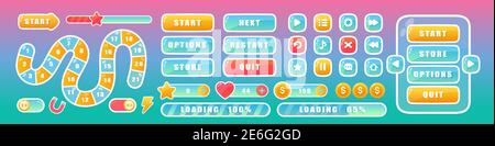 Schaltflächen für mobile Benutzerspiel ui-Schnittstelle in rosa und blauen Farben. Cartoon Navigation App Menü Elemente, glänzende Tasten, um Videospiel spielen, Fortschritt Stock Vektor