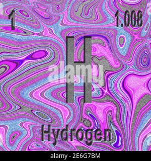 Chemisches Element Wasserstoff, Zeichen mit Ordnungszahl und Ordnungsgewicht, violetter Hintergrund, Periodensystem Stockfoto