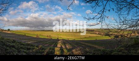 Ein Blick über die South Downs in Richtung Ditchling Beacon vom Stanmer Park bei Brighton, East Sussex, Großbritannien Stockfoto