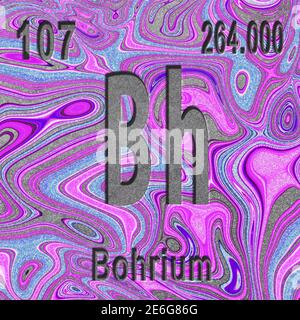 Bohrium chemisches Element, Zeichen mit Ordnungszahl und Atomgewicht, violetter Hintergrund, Periodensystem-Element Stockfoto
