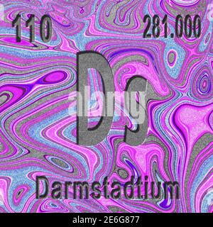 Darmstadtium chemisches Element, Zeichen mit Ordnungszahl und Atomgewicht, violetter Hintergrund, Periodensystem-Element Stockfoto