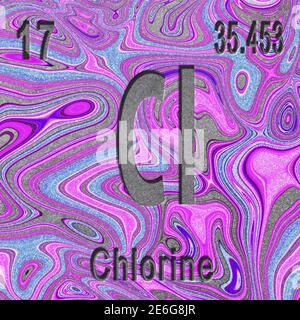 Chemisches Element Chlor, Zeichen mit Ordnungszahl und Ordnungsgewicht, violetter Hintergrund, Periodensystem Stockfoto