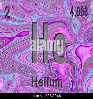 Chemisches Element Helium, Zeichen mit Ordnungszahl und Ordnungsgewicht, violetter Hintergrund, Periodensystem Stockfoto