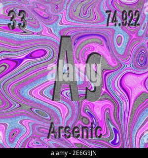 Arsenisches chemisches Element, Zeichen mit Ordnungszahl und Atomgewicht, violetter Hintergrund, Periodensystem Stockfoto