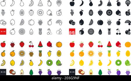 Früchte und Beeren. Gesunde Lebensmittel und Vitamine. Satz linearer, flacher Farbsymbole für Vektorgrafiken. Schwarze isolierte Silhouette. Symbol „Füllfläche“. Kontur, Form Stock Vektor