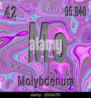 Molybdän chemisches Element, Zeichen mit Ordnungszahl und Atomgewicht, lila Hintergrund, Periodensystem Element Stockfoto