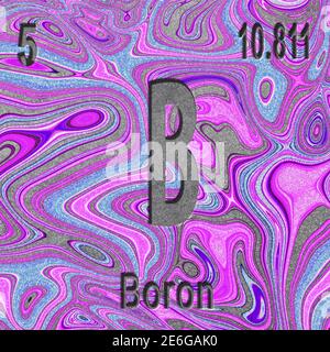 Bor chemisches Element, Zeichen mit Ordnungszahl und Ordnungsgewicht, violetter Hintergrund, Periodensystem Stockfoto