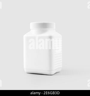Mockup eines weißen Kunststoff quadratischen Glas für Vitamine, Tabletten, Ergänzungen, für Design-Präsentation, Werbung in der Medizin. Gerippte Seite matt Flasche te Stockfoto