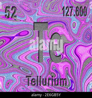 Tellurium chemisches Element, Zeichen mit Ordnungszahl und Ordnungsgewicht, violetter Hintergrund, Periodensystem Stockfoto