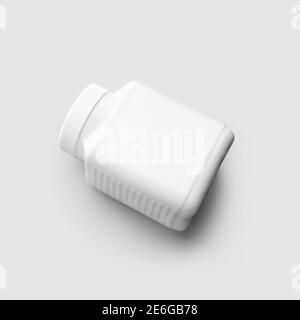 Schablone aus einem weißen Kunststoffglas in quadratischer Form mit Deckel, ein Behälter für Pillen, Tabletten, für Design-Präsentation, Werbung in einer Apotheke. Mock Stockfoto