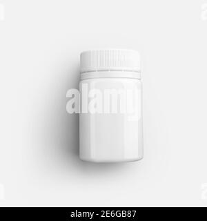 Schablone aus runder Hochglanzflasche, weißes Kunststoffglas für Pillen, Vitamin, Kosmetik, isoliert auf dem Hintergrund. Mockup eines Containers für Werbung in einem p Stockfoto