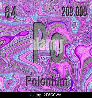 Chemisches Polonium-Element, Zeichen mit Ordnungszahl und Atomgewicht, violetter Hintergrund, Periodensystem-Element Stockfoto