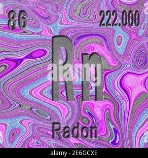 Radon chemisches Element, Zeichen mit Ordnungszahl und Ordnungsgewicht, violetter Hintergrund, Periodensystem Stockfoto