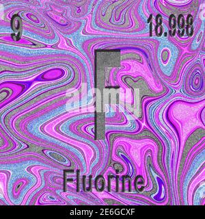 Fluorisches chemisches Element, Zeichen mit Ordnungszahl und Ordnungsgewicht, violetter Hintergrund, Periodensystem Stockfoto