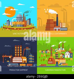 Industrielle Fabriken und Pflanzen flache dekorative Ikonen setzen isolierte Vektor Abbildung Stock Vektor